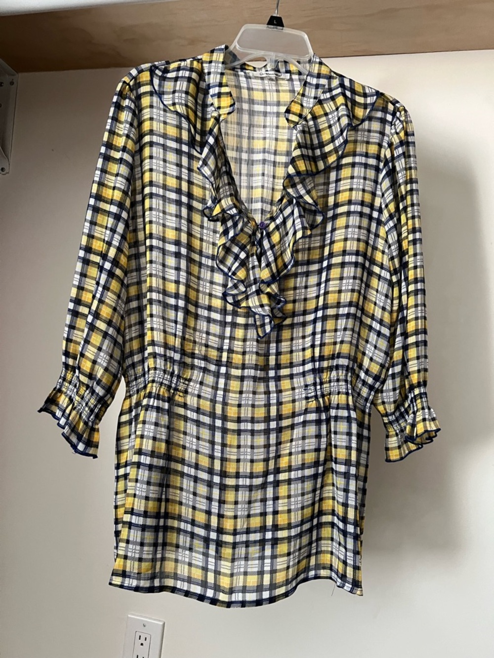 Quintessential women Yellow Plaid Ruffle V-Neck Blouse